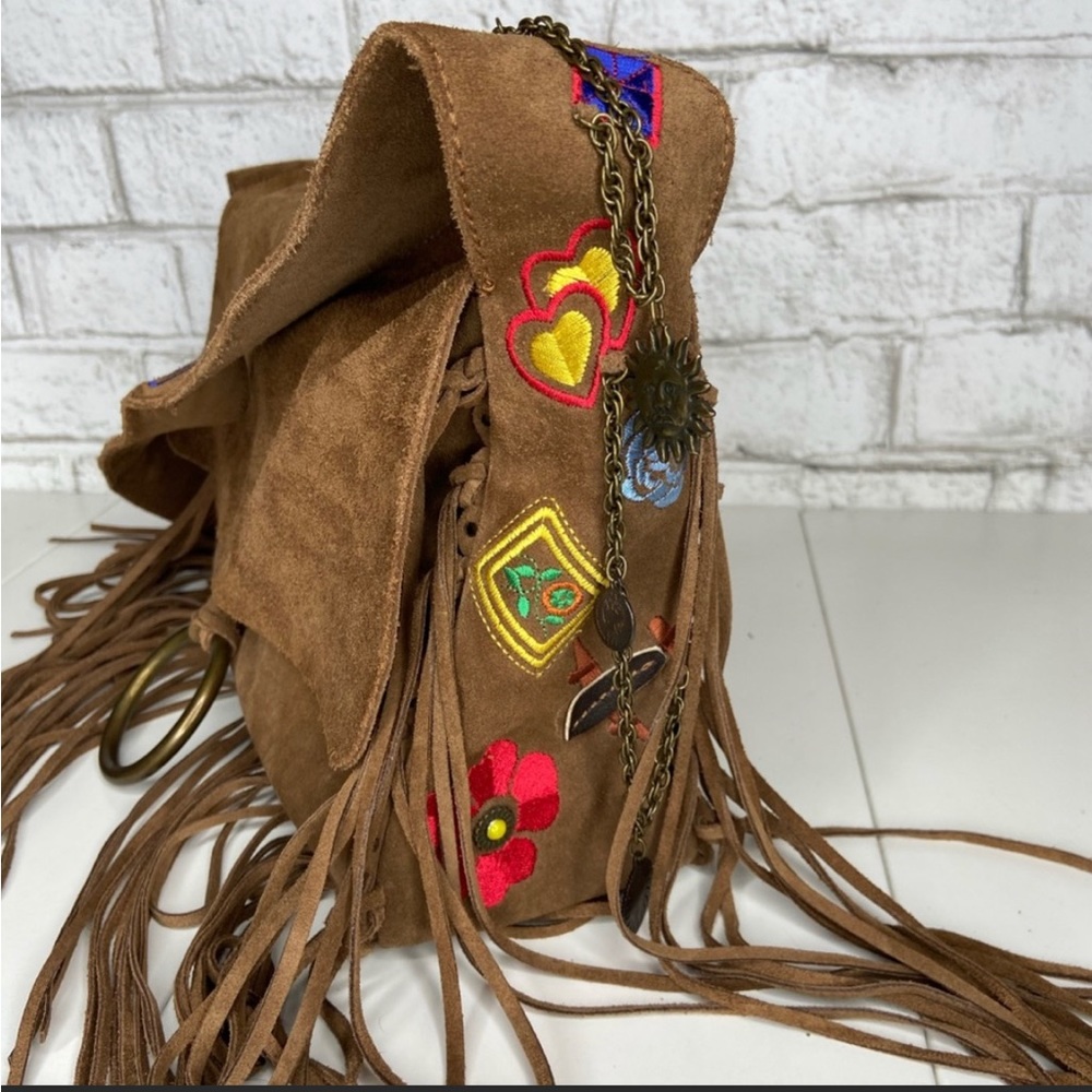 Francesco Biasia embroidered fringe-trim suede shoulder bag, good condition